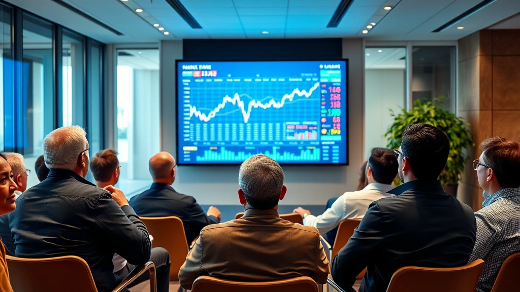A diverse group of investors in a modern investment seminar room, all focused on a large screen showing market data visualizations, collaborative atmosphere with engaged expressions, contemporary financial setting