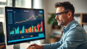 Professional investor reviewing growth portfolio on modern computer display, confident expression, natural lighting, home office setting with financial charts visible but blurred in background