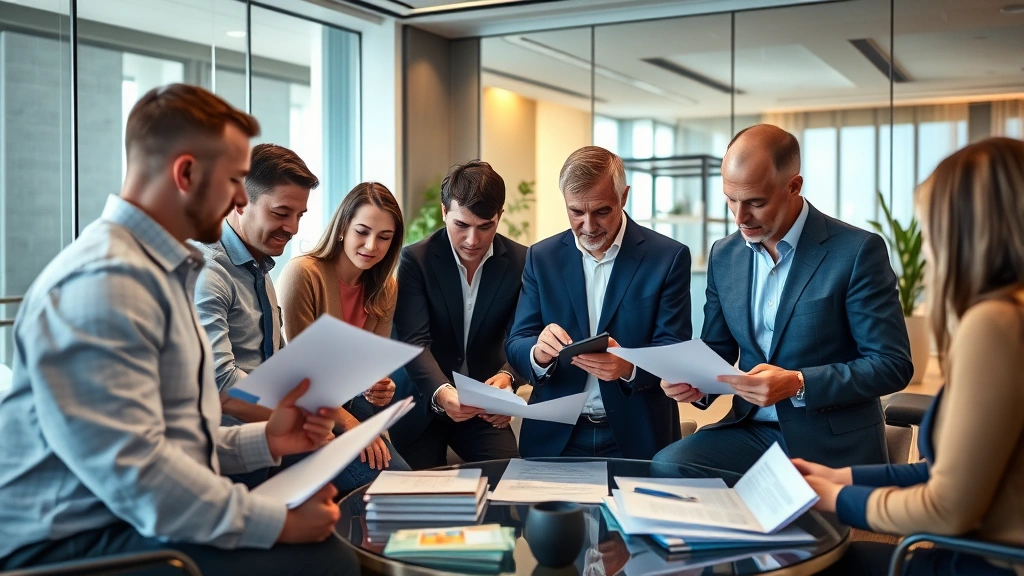 Diverse group of investors in modern financial advisory office examining investment documents and discussing strategy, collaborative atmosphere, warm professional lighting