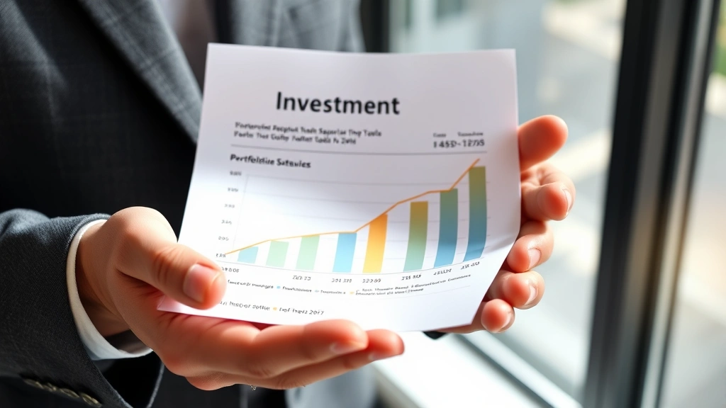 Close-up of hands holding investment statement showing portfolio growth over time, showing satisfaction and confidence, natural daylight through office window