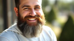 Man with thick, full beard smiling confidently outdoors in natural sunlight, showing healthy beard texture and growth, professional grooming evident