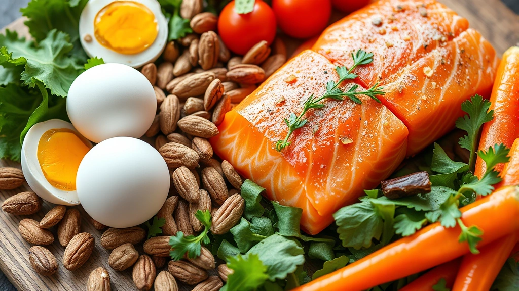 Close-up of various nutrient-rich foods including salmon, eggs, nuts, leafy greens, and colorful vegetables arranged on wooden surface, vibrant natural lighting