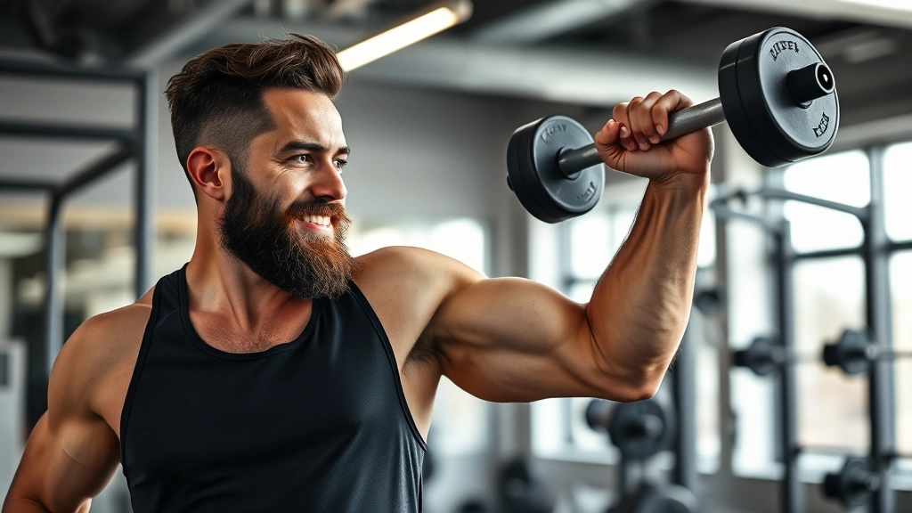 Athletic man doing resistance training in modern gym, showing strength and vitality, with visible healthy beard growth, energetic and motivated expression