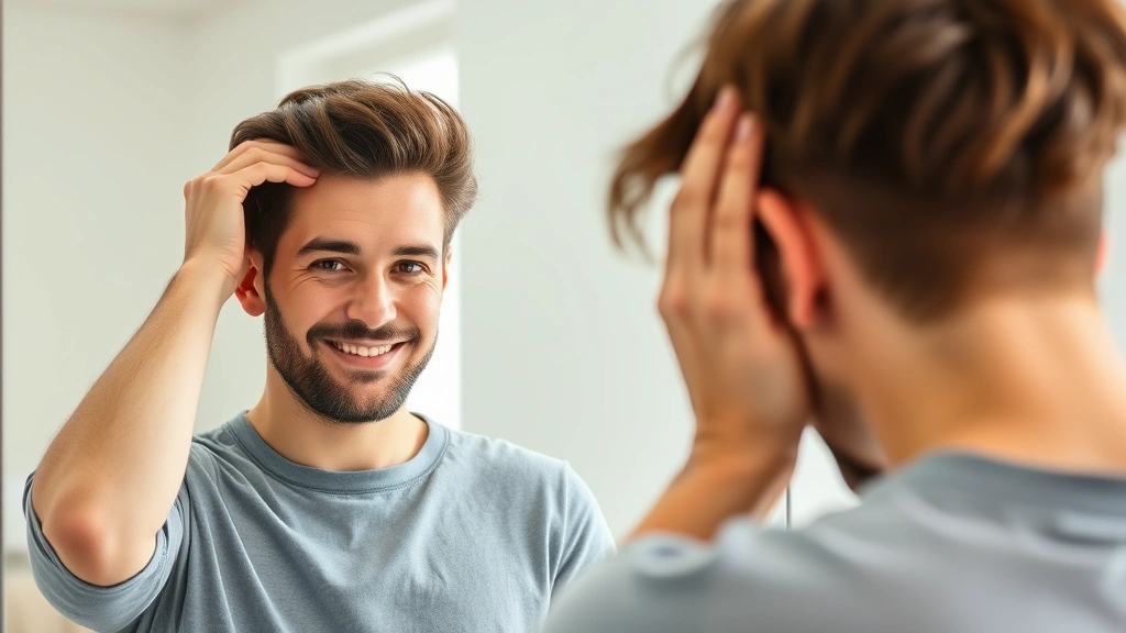 Person examining their hair in mirror with expression of satisfaction and confidence, showing healthy scalp and hair density improvement, natural indoor lighting