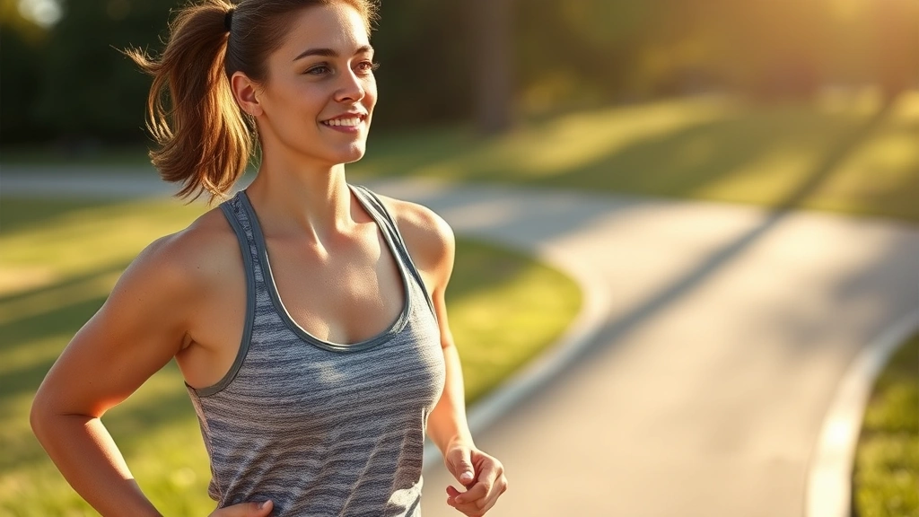 Active lifestyle scene: person jogging outdoors in morning sunlight, glowing skin and healthy appearance, representing wellness and vitality from supplement routine
