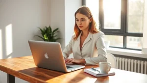 Professional woman at wooden desk with laptop, morning sunlight streaming through window, focused expression, notebook and coffee cup nearby, modern minimalist office background