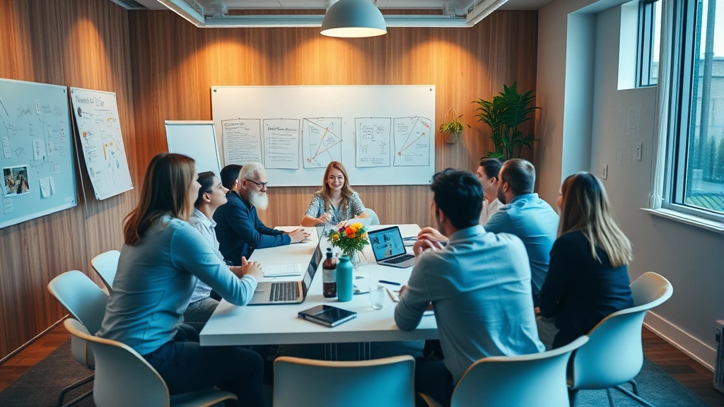 Diverse team in collaborative meeting room, people engaged in discussion around table, whiteboards with ideas visible, natural lighting, energetic and productive atmosphere