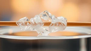 Close-up of transparent sugar crystals forming on a wooden stick, suspended in clear liquid solution, showing geometric crystalline structure and light refraction, laboratory setting with warm lighting
