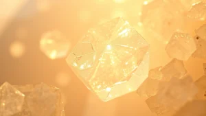 Close-up macro photography of translucent sugar crystals catching sunlight, displaying geometric facets and internal light refraction, crystalline structures in sharp detail, warm golden lighting, photorealistic texture