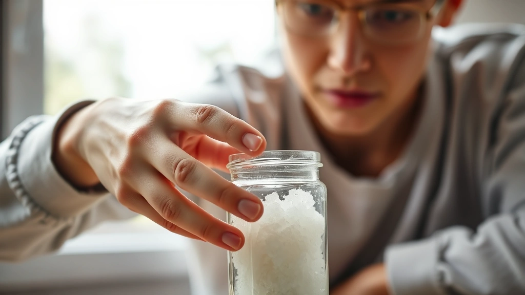 Person in casual clothing observing a glass jar with growing sugar crystals, hands hovering near the container with curiosity and concentration, natural window light creating soft shadows