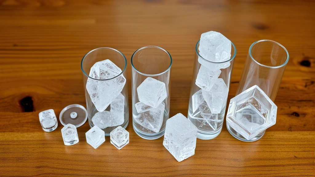 Multiple glass containers with sugar crystals at different growth stages arranged on a wooden surface, showing progression from small initial crystals to large well-formed structures, educational and inspirational atmosphere