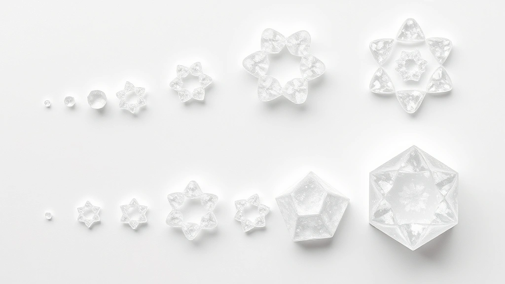 Overhead view of multiple sugar crystals at different growth stages arranged on white surface, showing progression from small seed crystals to large geometric formations, clear lighting emphasizing transparency and structure