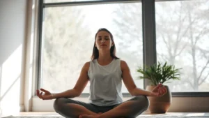 Person sitting peacefully in meditative pose by large window with natural sunlight streaming through, serene expression, calm indoor environment, soft shadows on face showing tranquility and inner peace