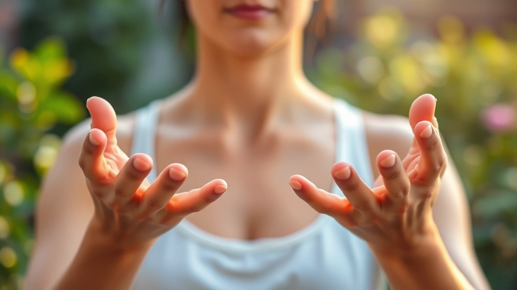 Close-up of hands in meditation gesture, person's shoulders relaxed, warm natural lighting, soft blurred background showing peaceful outdoor garden setting with greenery