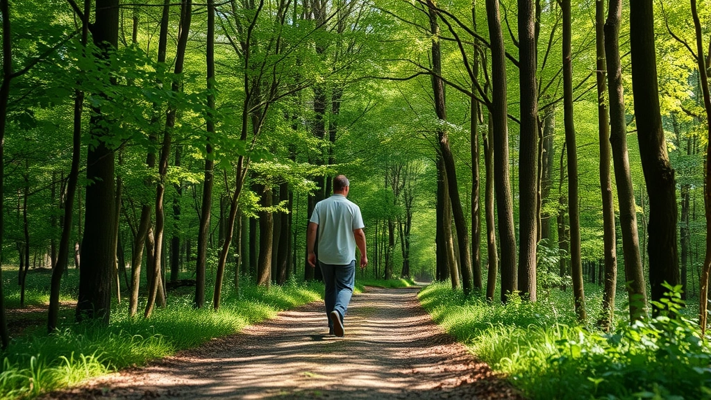 Individual walking mindfully on forest path surrounded by trees, dappled sunlight filtering through canopy, peaceful stride, natural environment conveying present-moment awareness and calm connection to nature