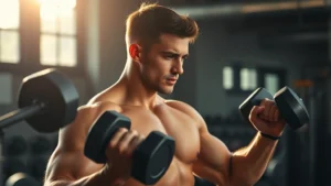 Athletic adult male in gym performing strength training with dumbbells, focused expression, morning sunlight, muscular physique, determined energy, no text or logos visible