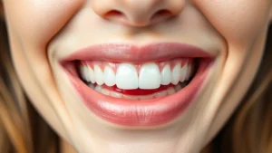 Close-up of healthy pink gums and white teeth showing proper dental health, person smiling confidently with excellent oral hygiene, natural lighting, professional dental photography style