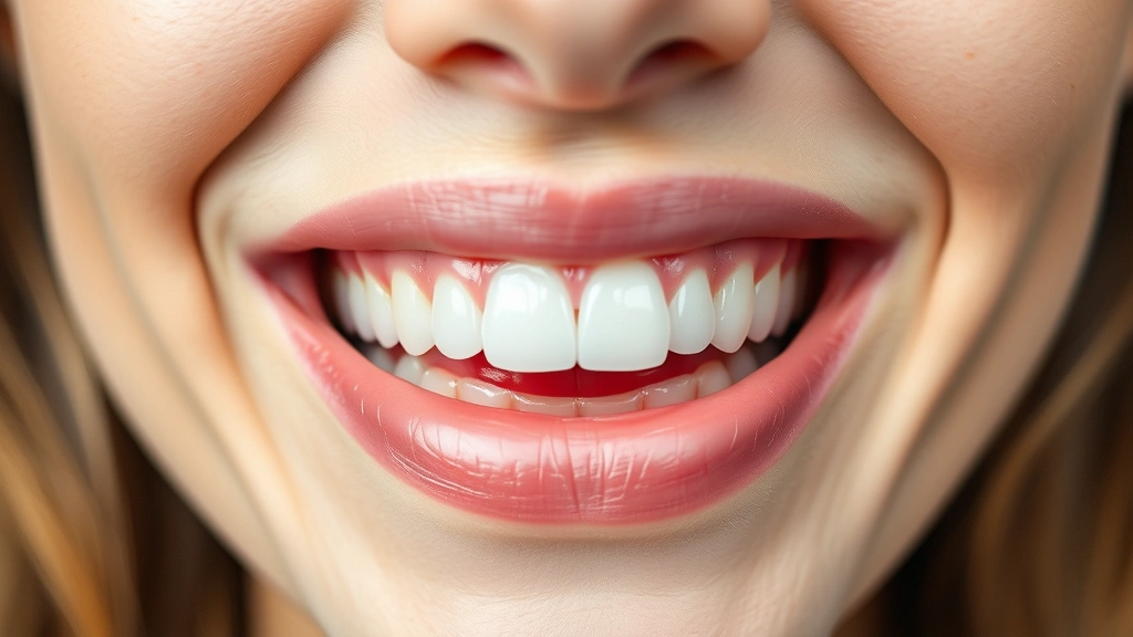 Close-up of healthy pink gums and white teeth showing proper dental health, person smiling confidently with excellent oral hygiene, natural lighting, professional dental photography style