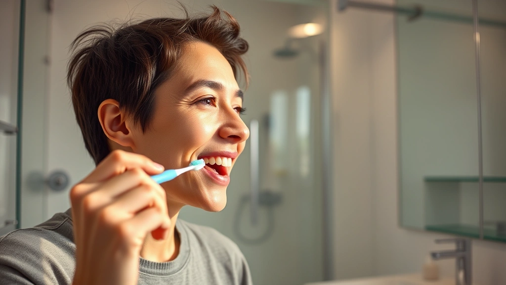 Person practicing mindful oral care routine with toothbrush and floss in modern bathroom, focused expression showing dedication to health habits, warm natural light, realistic morning routine scene