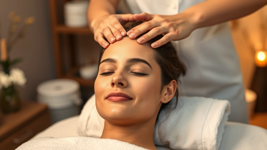 Person receiving professional scalp massage treatment in serene spa environment, therapeutic touch on scalp, peaceful expression, warm lighting, clean professional setting, wellness focus, photorealistic