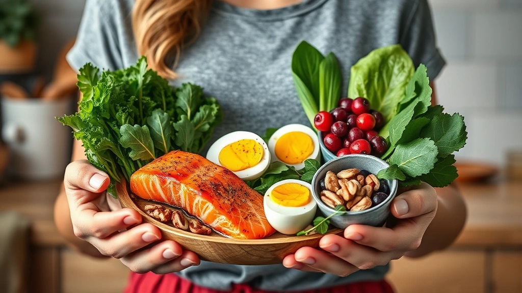 Woman holding nutritious foods including salmon, leafy greens, eggs, nuts and berries, vibrant colors, healthy meal preparation, natural kitchen lighting, wellness and nutrition theme, photorealistic