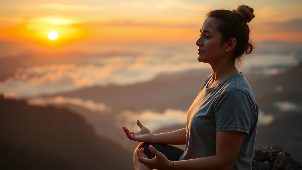 Person meditating at sunrise on mountain peak, serene expression, hands in thoughtful gesture, golden light illuminating face, misty valley below, representing foundation and clarity