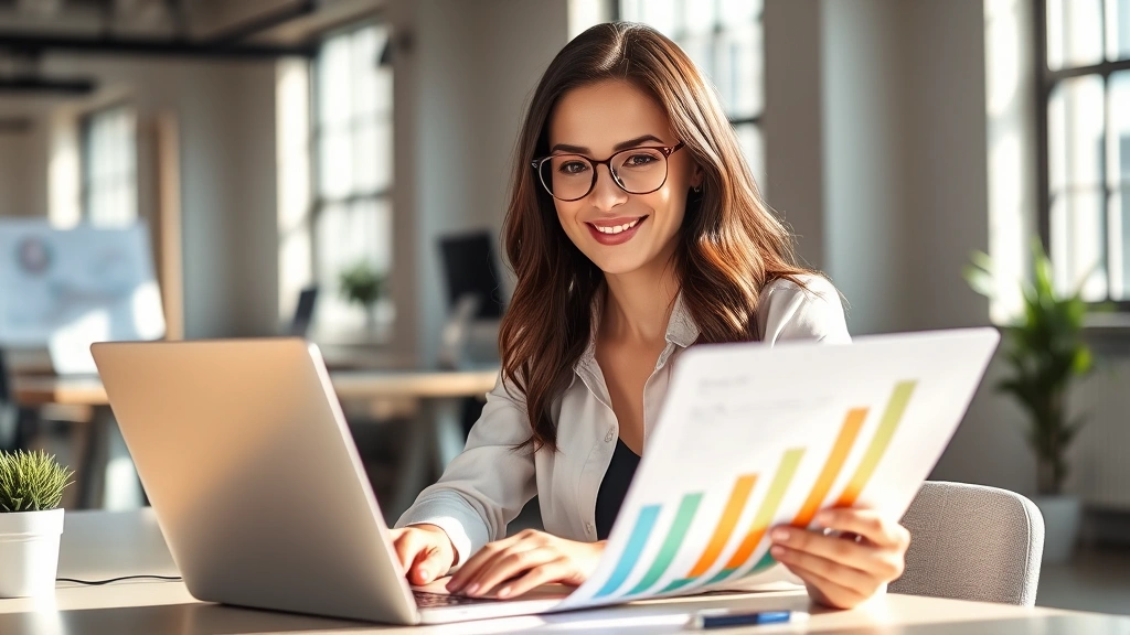 Professional woman reviewing growth charts on laptop with confident expression, modern office setting, natural sunlight, focused and determined energy