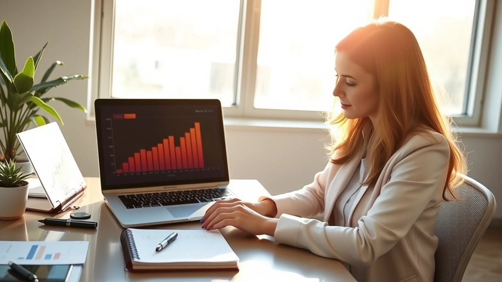 Professional woman reviewing growth charts and metrics on desk with laptop, morning sunlight, focused expression, notebook with handwritten goals visible
