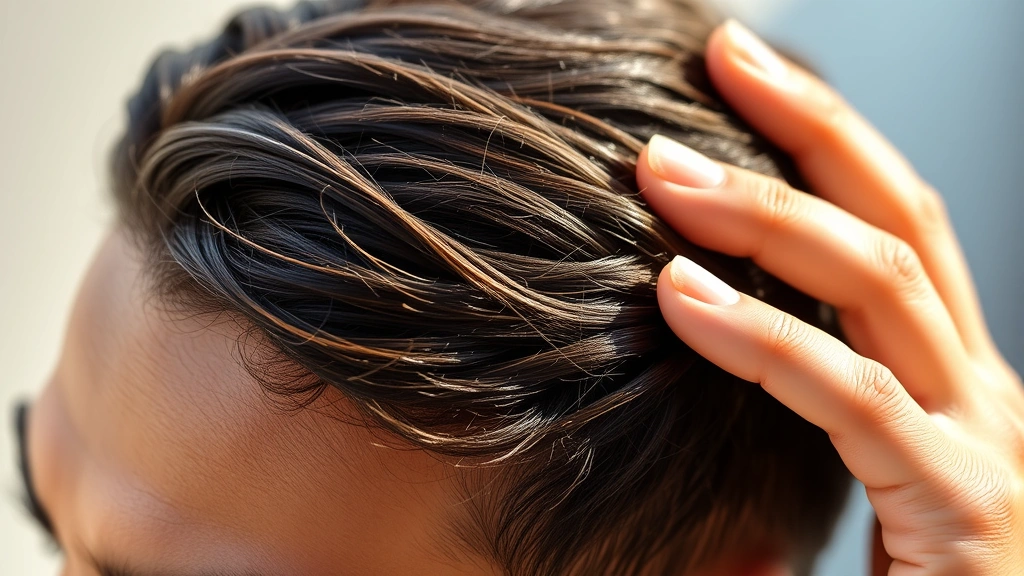 Close-up of healthy scalp with dense, vibrant hair strands, natural sunlight highlighting hair texture and shine, person with confident expression touching their hair, photorealistic wellness aesthetic